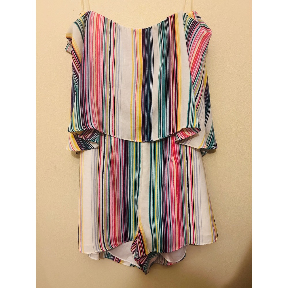 Striped Romper Womens Small Multi Color Excellent Boho Ruffle Strapless